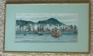 lot 57 image: Original Watercolor of Hong Kong Harbor Signed