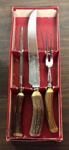 lot 274 image: Vintage Genuine Natural Stag Handled Knife, Meat Fork and File by Sheffield of England