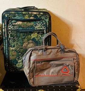 lot 313 image: Lovely Vintage Tapestry Floral Suitcase and Sleek Neutral Carry On