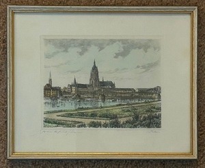 lot 146 image: Late 19th Century German Framed Lithograph Signed Print View of the Eiserner Steg in Frankfurt
