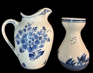 lot 41 image: Vintage Delft Blue Pitcher and Delft Blue Vase Holland Windmill Design Ceramic