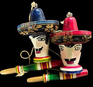 lot 200 image: Vintage Mexican Fold-Art Toys Called a Balero Wooden Panted Cup and Ball