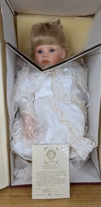 lot 56 image: New Angel Cheeks Porcelain Doll Precious Heirloom Dolls Collection by FayZah Shanos 7452000 with Certification of Authentication