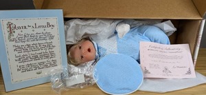 lot 65 image: New Answered Prayer Porcelain Doll Honey Love Awake Boy Collection by Lee Middleton 1602000 with Certificate of Authentication