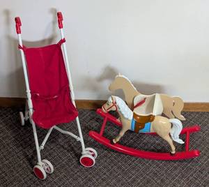 lot 57 image: American Girl Bitty Baby Doll Stroller and Rocking Horse