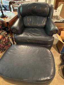 Lackawanna Leather Blue Armchair with Matching Ottoman