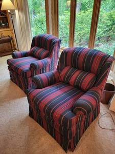 lot 13 image: Pair of Traditional Striped Wingback Chairs