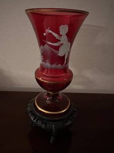 lot 15 image: Mary Gregory Style Ruby Glass Vase with Enamel Decoration