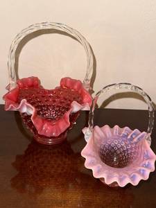lot 17 image: Set of 2 Hobnail Glass Baskets with Pink Ruffled Edges