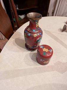 lot 46 image: Set of Red Cloisonne like Vase and Container with Floral Design