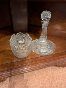 lot 47 image: Vintage Cut Crystal Decanter with Stopper and Serving Bowl