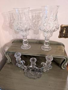 lot 59 image: Crystal Hurricane Lamps and Candle Holder Set