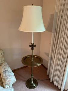 lot 65 image: Vintage Brass Floor Lamp with Tray Table and Fabric Shade
