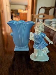 lot 89 image: Vintage Blue Ceramic Vase and Porcelain Figurine Set