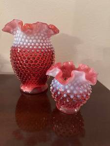 lot 90 image: Set of 2 Fenton Cranberry Opalescent Hobnail Glass Vases