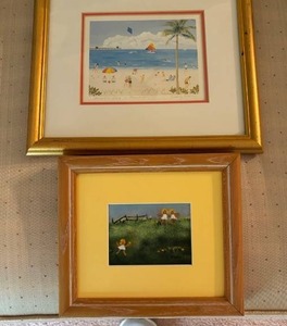 lot 100 image: Pair of Framed Artworks Featuring Beach and Children Themes