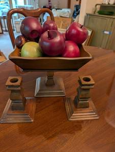 lot 141 image: Wooden Fruit Bowl with Decorative Apples and Pair of Candle Holders