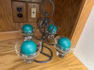 lot 153 image: Scandinavian Metal Candle Holder Centerpiece with Glass Cups and Teal Ball Candles