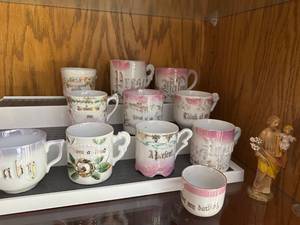 lot 162 image: Set of 11 Vintage Porcelain Sentiment Cups & Figurine