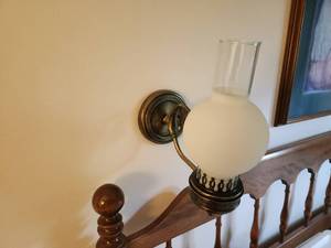 lot 207 image: Antique Brass Wall-Mounted Lamps with Frosted Glass Shade Set of Two