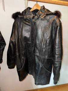 lot 214 image: Field Gear Black Leather Coat with Faux Fur Trim Hood - Size L