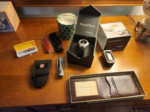 lot 219 image: Assortment of Watches, Blood Oximeter, Pocket Knives, and Wallet