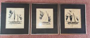 lot 223 image: Collection of 3 Sailboat Sketch Prints by Charles Martin in Silver Frames