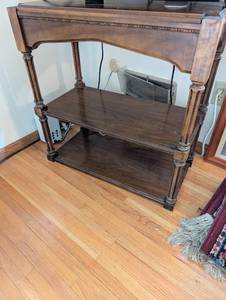 lot 256 image: Vintage Wooden Two-Tier Console Table with Carved Details