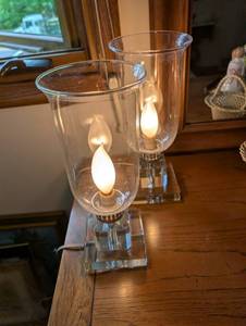 lot 259 image: Pair of Crystal Hurricane Lamps with Glass Shades