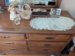 lot 260 image: Collection of Vintage Porcelain Figurines, Doilies, and Crystal Ornament