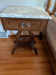 lot 261 image: Victorian Marble-Top Wooden Side Table with Floral Carving