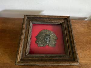 lot 273 image: Framed Vintage Brass Native American Motif Decoration
