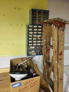 lot 309 image: Hardware Cabinets w Hardware, Wooden Ladder and Box of Painting Accessories Including Lamp