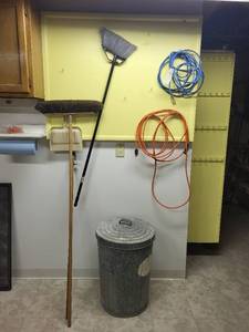 lot 310 image: Set of Household Brooms, Extension Cords, and Metal Trash Can