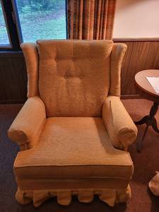 lot 320 image: Vintage Upholstered Wingback Armchair with Button Tufting