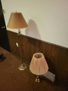 lot 328A image: Vintage Brass Table and Floor Lamp Set with Pleated and Cone Shades