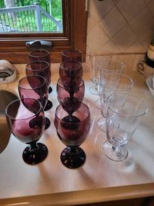 lot 347 image: Set of 12 Assorted Wine and Water Goblets - Purple and Clear Glass