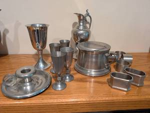 lot 367 image: Woodbury Pewter Set Goblets, Pitcher, Sugar Bowl & More