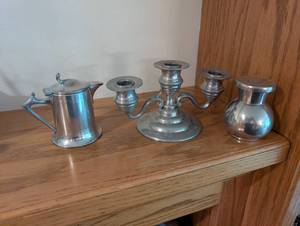 lot 372 image: Set of Pewterware Creamer, Salt Shaker, and Candelabra