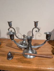 lot 373 image: Set of 2 Swedish Vintage Pewter Three-Arm Candelabras with Snuffer