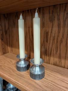 lot 376 image: Pair of Danish Vintage Metal Candle Holders with Decorative Candles