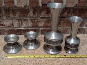lot 379 image: Set of 4 Scandinavian  Norwegian Pewter Metal Vases and Candle Holders with Ornate Design