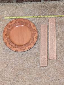 lot 382 image: Handcrafted Wooden Plate and Pair of Engraved BookmarksRulers