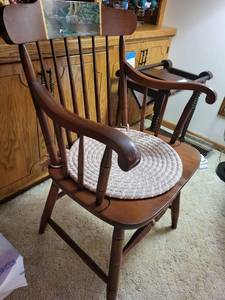 lot 396 image: Wooden Windsor Armchair with Scenic Backrest and Cushion