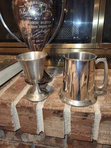 lot 412 image: Vintage Pewter Collection Goblets, Trophy, and Book
