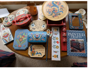 lot 148 image: Collection of Hand-Painted Wooden Scandinavian Rosemaling Folk Art Items with Painted Crafts Book