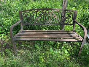 lot 37 image: Cast Iron Outdoor Garden Bench with Ornate Backrest