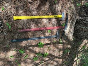 lot 44 image: Set of 3 Heavy-Duty Pick Ax, Maul and Splitting Maul with Wooden Handles
