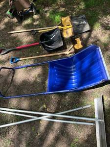lot 46 image: Collection of Snow Removal Tools with Aluminum Snow Pusher
