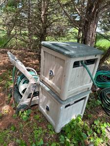lot 49 image: Set of 2 Hose Reels with Storage Box and a Portable Hose Reel with Hoses